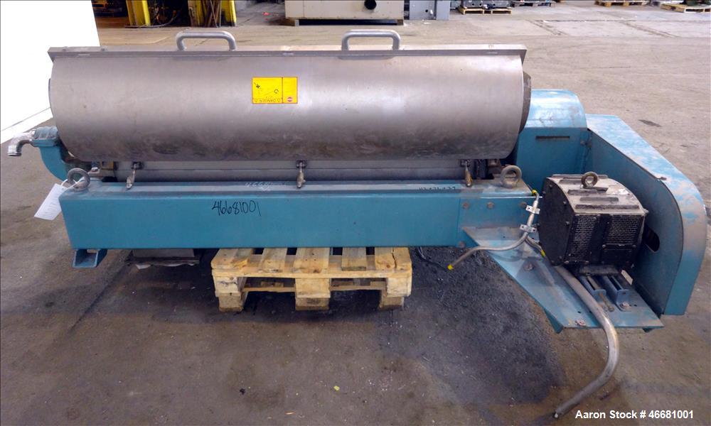 Used Alfa Laval AVNX-418B-31G Solid Bowl Decanter Centrifuge. 316 Stainless steel construction (product contact areas), 110mm single lead conveyor with welded hard facing, double row of lined cake di...