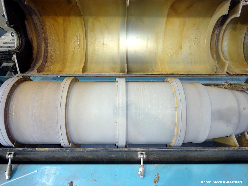 Used Alfa Laval AVNX-418B-31G Solid Bowl Decanter Centrifuge. 316 Stainless steel construction (product contact areas), 110mm single lead conveyor with welded hard facing, double row of lined cake di...