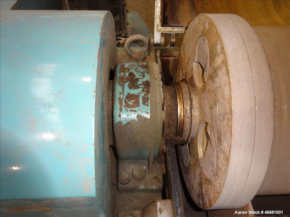 Used Alfa Laval AVNX-418B-31G Solid Bowl Decanter Centrifuge. 316 Stainless steel construction (product contact areas), 110mm single lead conveyor with welded hard facing, double row of lined cake di...