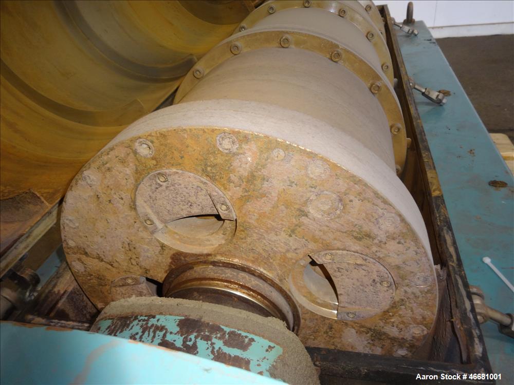 Used Alfa Laval AVNX-418B-31G Solid Bowl Decanter Centrifuge. 316 Stainless steel construction (product contact areas), 110mm single lead conveyor with welded hard facing, double row of lined cake di...