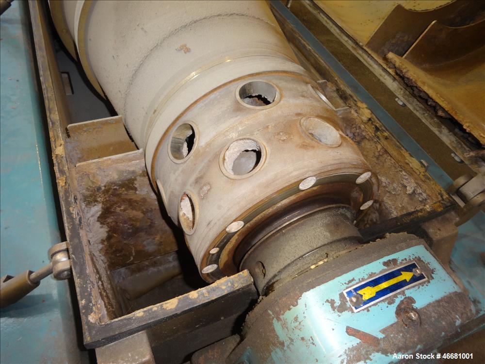 Used Alfa Laval AVNX-418B-31G Solid Bowl Decanter Centrifuge. 316 Stainless steel construction (product contact areas), 110mm single lead conveyor with welded hard facing, double row of lined cake di...