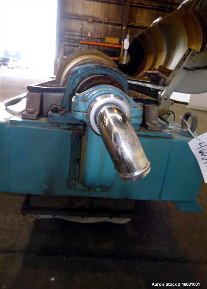 Used Alfa Laval AVNX-418B-31G Solid Bowl Decanter Centrifuge. 316 Stainless steel construction (product contact areas), 110mm single lead conveyor with welded hard facing, double row of lined cake di...