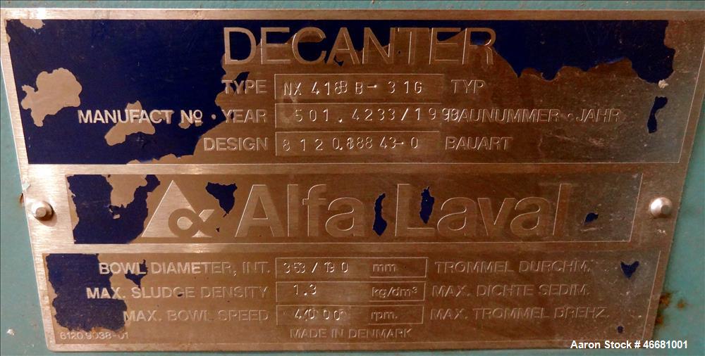 Used Alfa Laval AVNX-418B-31G Solid Bowl Decanter Centrifuge. 316 Stainless steel construction (product contact areas), 110mm single lead conveyor with welded hard facing, double row of lined cake di...