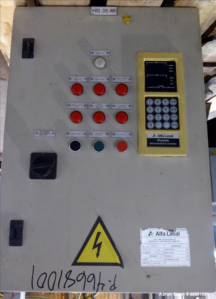 Used Alfa Laval AVNX-418B-31G Solid Bowl Decanter Centrifuge. 316 Stainless steel construction (product contact areas), 110mm single lead conveyor with welded hard facing, double row of lined cake di...