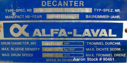 USED: Alfa Laval decanter, type AVNX-418B-31G 8820.1804-02. 316 stainless steel construction on product contact parts. Max bowl speed 4000 rpm by an approximate 45 hp, 380 volt/50 cycle, 3 ph XP moto...