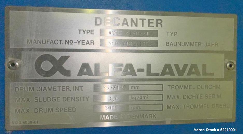 Used- Alfa-Laval Decanter Centrifuge, Type AVNX 418B-31