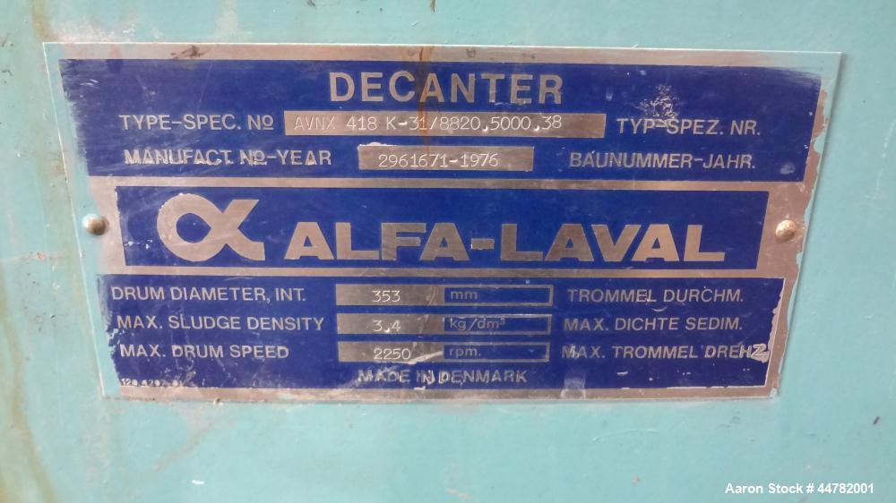 Used Alfa Laval AVNX 418K-31/ 8820.5000.38 Solid Bowl Decanter Centrifuge, 316 Stainless Steel (product contact areas). Maximum bowl speed 4000 rpm, 70mm single lead conveyor with hard facing,double ...