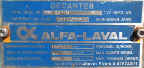 Used Alfa Laval AVNX-418K-31 Solid Bowl Decanter Centrifuge, 316 Stainless Steel Construction (Product Contact Areas), Maximum bowl speed 3250 RPM. Double row of lined cake discharge ports, 70 MM sin...