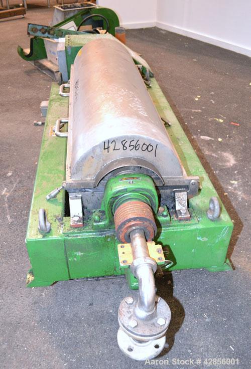 Used Alfa Laval AVNX-420B-31G Solid Bowl Decanter Centrifuge. 316 Stainless steel construction on product contact areas. Maximum bowl speed 4000 rpm. 70 mm Single lead conveyor. Single row of lined c...