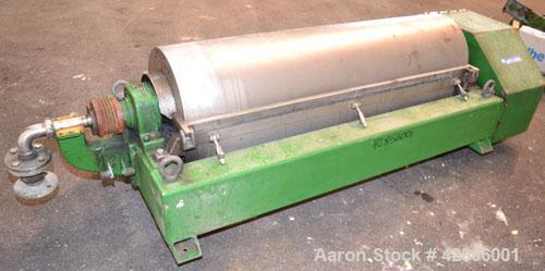 Used Alfa Laval AVNX-420B-31G Solid Bowl Decanter Centrifuge. 316 Stainless steel construction on product contact areas. Maximum bowl speed 4000 rpm. 70 mm Single lead conveyor. Single row of lined c...