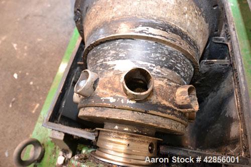 Used Alfa Laval AVNX-420B-31G Solid Bowl Decanter Centrifuge. 316 Stainless steel construction on product contact areas. Maximum bowl speed 4000 rpm. 70 mm Single lead conveyor. Single row of lined c...