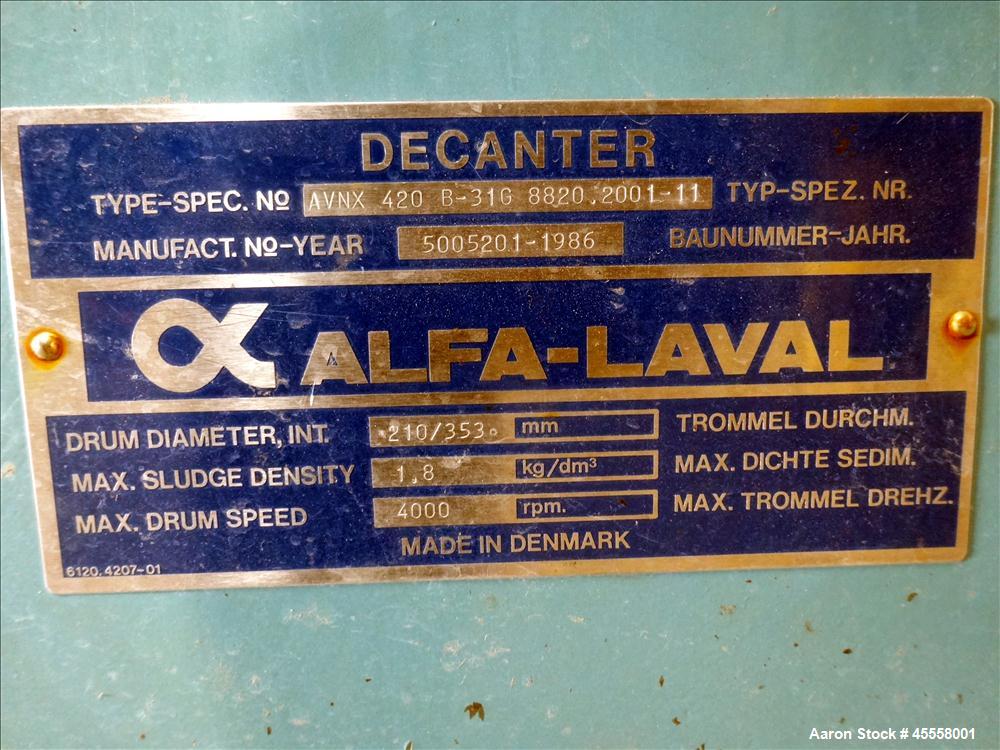 Used Alfa Laval Solid Bowl Decanter Centrifuge. Model AVNX-420