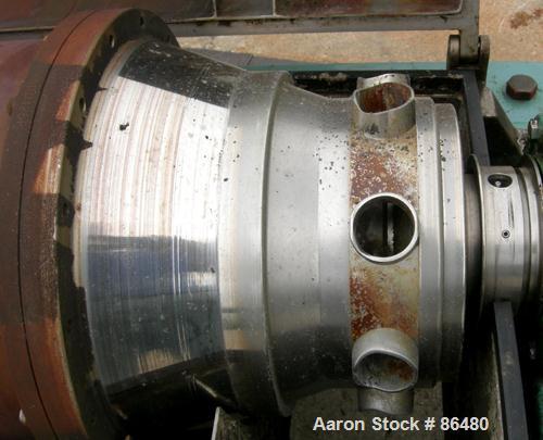 USED: Alfa Laval AVNX-420B-31G solid bowl decanter centrifuge. Max bowl speed 4000 rpm, stainless steel construction on product contact areas, single lead conveyor, single row of lined cake discharge...