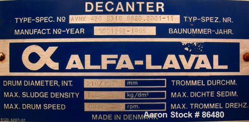 USED: Alfa Laval AVNX-420B-31G solid bowl decanter centrifuge. Max bowl speed 4000 rpm, stainless steel construction on prod...