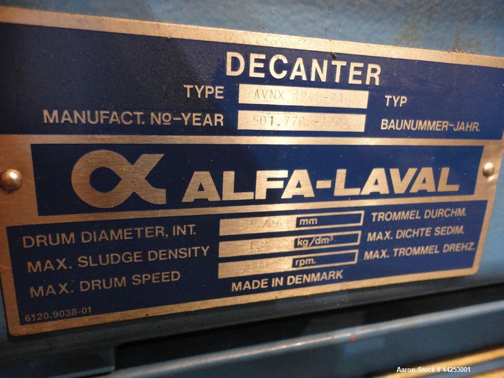 Used Alfa Laval AVNX 424B-31G (PM-35000 Super) Decanter Centrifuge. 316 Stainless steel construction on product contact areas. Maximum bowl speed 3600 rpm, approximate 110mm single lead conveyor with...