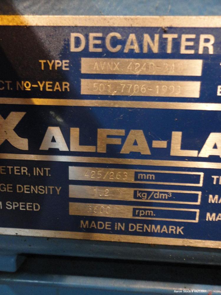 Used Alfa Laval AVNX 424B-31G (PM-35000 Super) Decanter Centrifuge. 316 Stainless steel construction on product contact areas. Maximum bowl speed 3600 rpm, approximate 110mm single lead conveyor with...