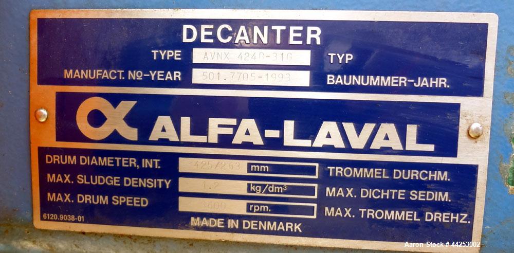 Used Alfa Laval AVNX 424B-31G (PM-35000 Super) Decanter Centrifuge. 316 Stainless steel construction on product contact areas. Maximum bowl speed 3600 rpm, approximate 110mm single lead conveyor with...