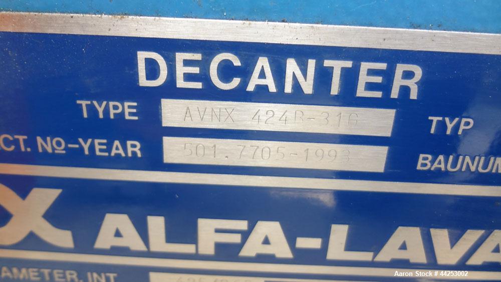 Used Alfa Laval AVNX 424B-31G (PM-35000 Super) Decanter Centrifuge. 316 Stainless steel construction on product contact areas. Maximum bowl speed 3600 rpm, approximate 110mm single lead conveyor with...