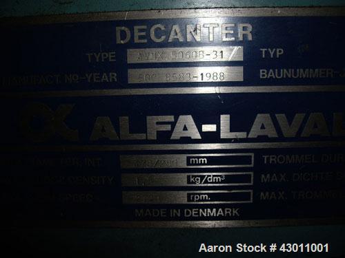 Used Alfa Laval AVNX-5060B-31G Solid Bowl Decanter Centrifuge. Stainless steel (product contact areas), maximum bowl speed 2700 rpm, base, casing, gearbox, 60 hp/45 kW hydraulic drive, 1470 rpm, 500V...