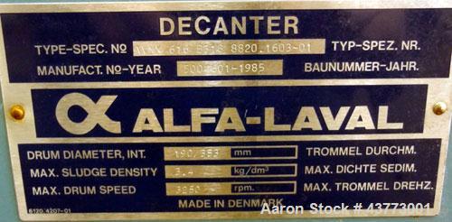 Used Alfa Laval DMNX-616B-31G-8820.1603-01 31G Solid Bowl Decanter Centrifuge, 316 Stainless Steel (product contact areas). Maximum bowl speed 3250 rpm, 110mm single lead conveyor, base, casing, 2.5 ...
