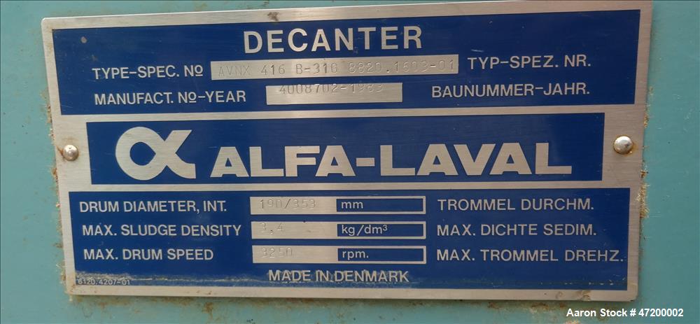 Used- Alfa Laval Solid Bowl Decanter Centrifuge, Model AVNX-616B-31G