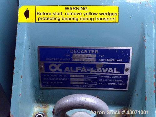 Used Alfa Laval AVNX-714B-31G Solid Bowl Decanter Centrifuge, 316 stainless steel construction (product contact areas), maximum bowl speed 4000 rpm, single lead conveyor, solid discharge ports with d...