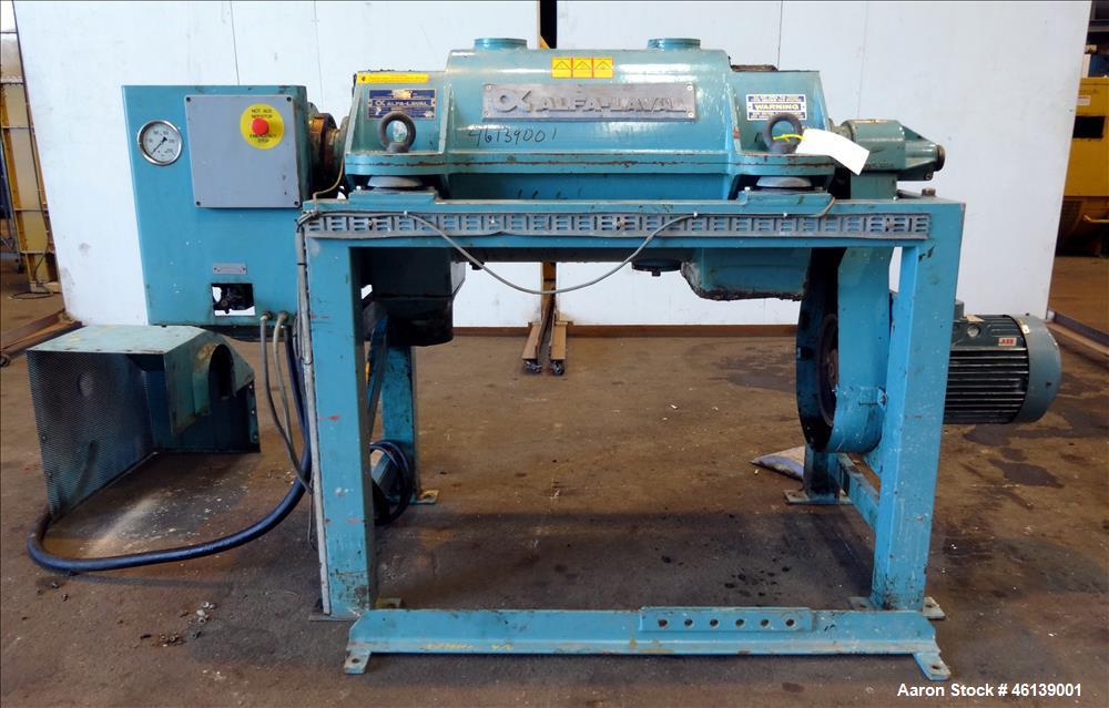 Used Alfa Laval AVNX-714B-31G Solid Bowl Decanter Centrifuge. 316 Stainless steel (product contact areas), maximum bowl speed 4000 rpm, single lead conveyor with welded hardfacing, single row cake li...