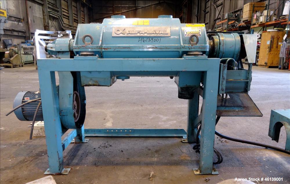 Used Alfa Laval AVNX-714B-31G Solid Bowl Decanter Centrifuge. 316 Stainless steel (product contact areas), maximum bowl speed 4000 rpm, single lead conveyor with welded hardfacing, single row cake li...