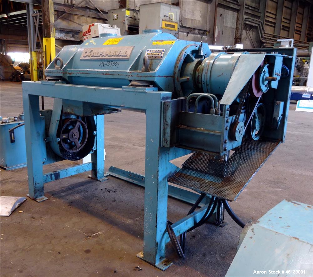 Used Alfa Laval AVNX-714B-31G Solid Bowl Decanter Centrifuge. 316 Stainless steel (product contact areas), maximum bowl speed 4000 rpm, single lead conveyor with welded hardfacing, single row cake li...