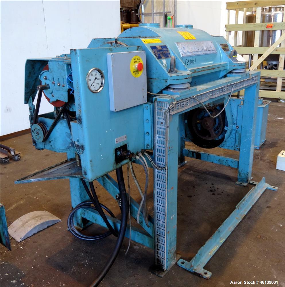 Used Alfa Laval AVNX-714B-31G Solid Bowl Decanter Centrifuge. 316 Stainless steel (product contact areas), maximum bowl speed 4000 rpm, single lead conveyor with welded hardfacing, single row cake li...