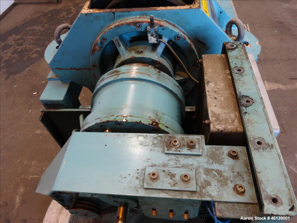 Used Alfa Laval AVNX-714B-31G Solid Bowl Decanter Centrifuge. 316 Stainless steel (product contact areas), maximum bowl speed 4000 rpm, single lead conveyor with welded hardfacing, single row cake li...