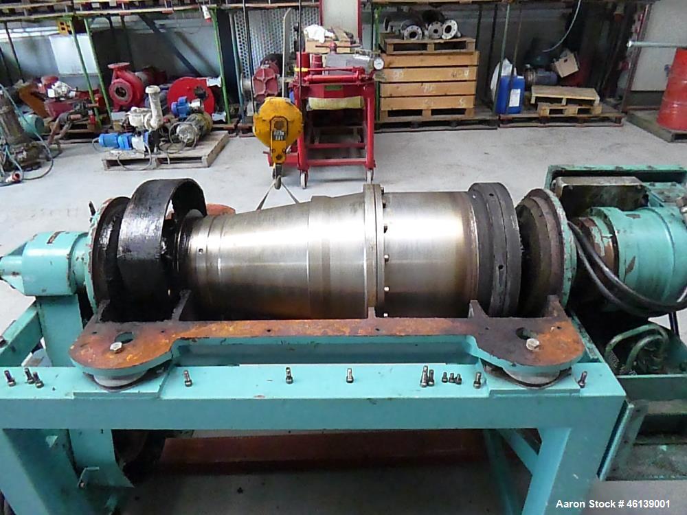 Used Alfa Laval AVNX-714B-31G Solid Bowl Decanter Centrifuge. 316 Stainless steel (product contact areas), maximum bowl speed 4000 rpm, single lead conveyor with welded hardfacing, single row cake li...