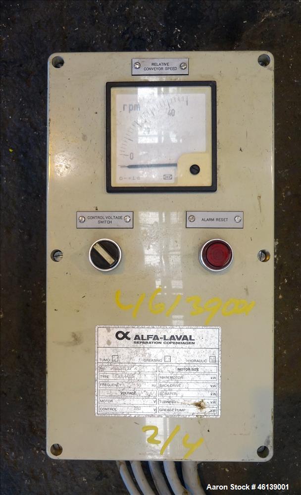 Used Alfa Laval AVNX-714B-31G Solid Bowl Decanter Centrifuge. 316 Stainless steel (product contact areas), maximum bowl speed 4000 rpm, single lead conveyor with welded hardfacing, single row cake li...