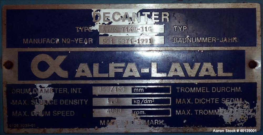 Used Alfa Laval AVNX-714B-31G Solid Bowl Decanter Centrifuge. 316 Stainless steel (product contact areas), maximum bowl speed 4000 rpm, single lead conveyor with welded hardfacing, single row cake li...