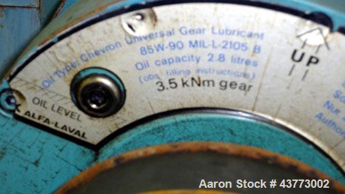 Used Alfa Laval AVNX-716B-31G Solid Bowl Decanter Centrifuge. Stainless steel rotating assembly, bowl speed 4000 rpm, single lead conveyor, casing, 3.5 kNm gearbox, 15kW inline main drive (380/3/50),...