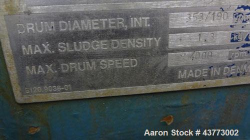 Used Alfa Laval AVNX-716B-31G Solid Bowl Decanter Centrifuge. Stainless steel rotating assembly, bowl speed 4000 rpm, single lead conveyor, casing, 3.5 kNm gearbox, 15kW inline main drive (380/3/50),...
