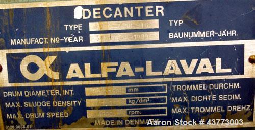 Used Alfa Laval AVNX-716B-31G Solid Bowl Decanter Centrifuge. Stainless steel rotating assembly, bowl speed 4000 rpm, single lead conveyor, casing, 3.5 kNm gearbox, 18.5kW inline main drive (380/3/50...