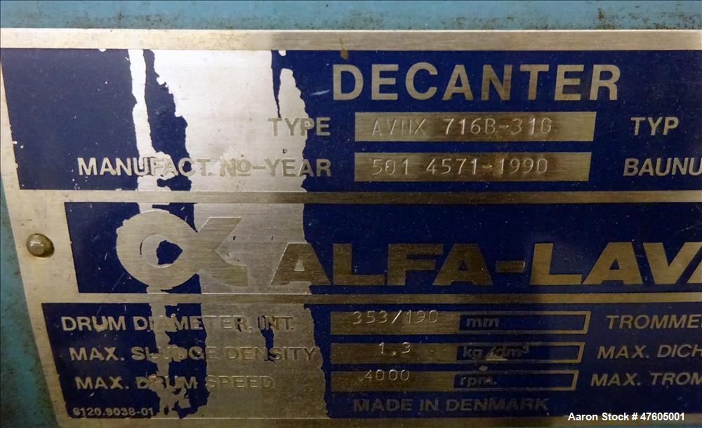 Used Alfa Laval AVNX-716B-31G Solid Bowl Decanter Centrifuge.