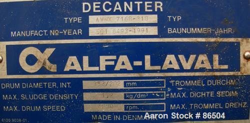 USED: Alfa Laval AVNX-716B-31G solid bowl decanter centrifuge. Max bowl speed 4000 rpm, stainless steel construction on product contact areas, 70mm single lead conveyor, single row of lined cake disc...