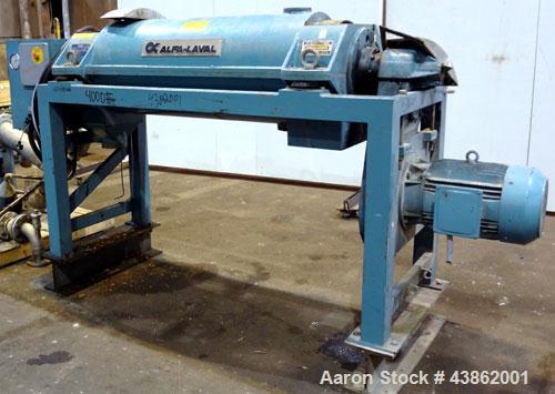 Used Alfa Laval AVNX-718B-31G Solid Bowl Decanter Centrifuge. Stainless steel construction on product contact areas. Maximum bowl speed 4000 rpm, 14 kw/380 volt/50 cycle single row of lined cake disc...