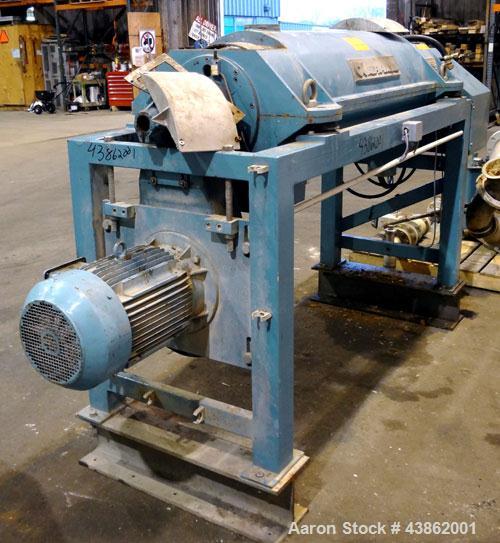 Used Alfa Laval AVNX-718B-31G Solid Bowl Decanter Centrifuge. Stainless steel construction on product contact areas. Maximum bowl speed 4000 rpm, 14 kw/380 volt/50 cycle single row of lined cake disc...