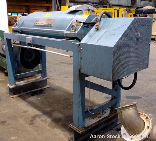 Used Alfa Laval AVNX-718B-31G Solid Bowl Decanter Centrifuge. Stainless steel construction on product contact areas. Maximum bowl speed 4000 rpm, 14 kw/380 volt/50 cycle single row of lined cake disc...