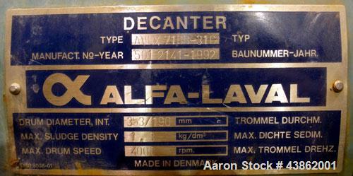 Used Alfa Laval AVNX-718B-31G Solid Bowl Decanter Centrifuge. Stainless steel construction on product contact areas. Maximum bowl speed 4000 rpm, 14 kw/380 volt/50 cycle single row of lined cake disc...