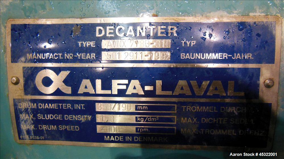Used Stainless Steel Alfa Laval Solid Bowl Decanter Centrifuge, AVNX-718B-31G