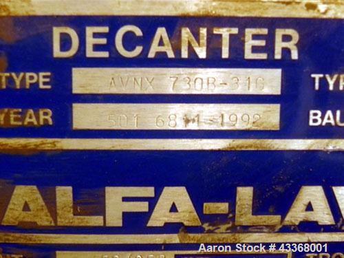 Used Alfa Laval AVNX-730B-31G Solid Bowl Decanter Centrifuge, 316 stainless steel construction (product contact areas), maximum bowl speed 3200 rpm, 70 mm single lead conveyor, solid discharge ports ...