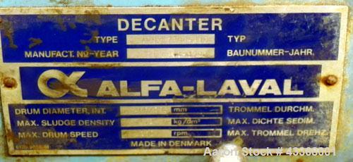 Used Alfa Laval AVNX-730B-31G Solid Bowl Decanter Centrifuge, 316 stainless steel construction (product contact areas), maximum bowl speed 3200 rpm, 70 mm single lead conveyor, solid discharge ports ...