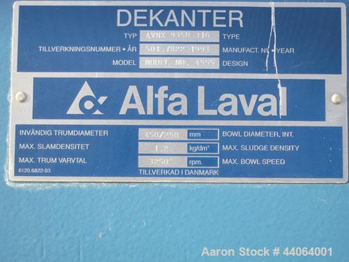 Used-Alfa Laval AVNX0935B-31G Solid Bowl Decanter Centrifuge, stainless steel construction on product contact parts.  Bowl s...