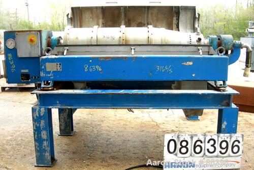 USED: Alfa Laval decanter type AVNX418B-31. Material of construction is 316 stainless steel on product contact parts. Max bowl speed 3000 rpm by a 34 hp/22 kw, 380 volt/50 cycle/3 ph main drive motor...