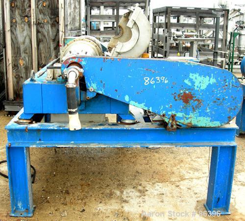 USED: Alfa Laval decanter type AVNX418B-31. Material of construction is 316 stainless steel on product contact parts. Max bowl speed 3000 rpm by a 34 hp/22 kw, 380 volt/50 cycle/3 ph main drive motor...