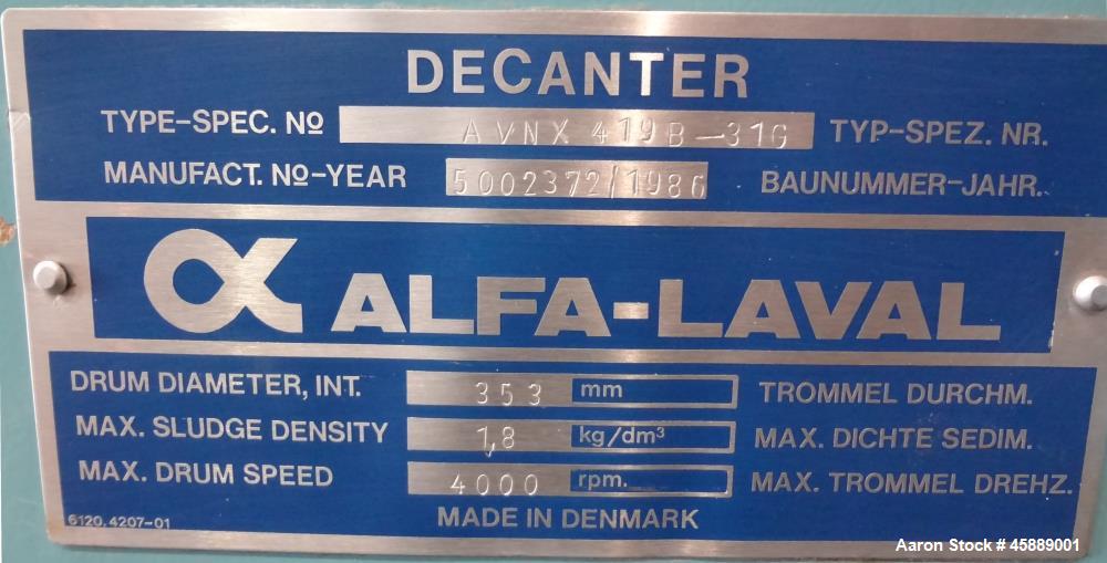 Used- Alfa Laval Solid Bowl Decanter Centrifuge, Model AVNX 419B-31G